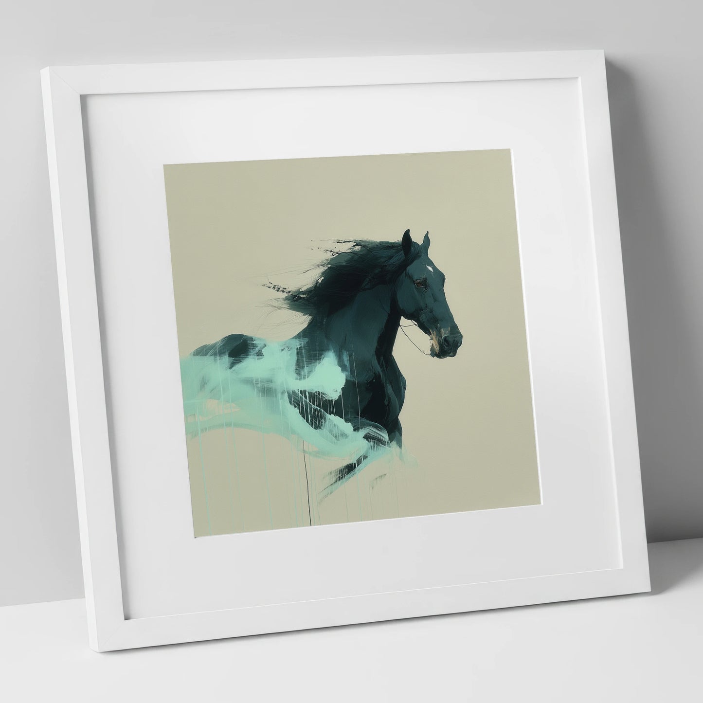 Midnight Teal Momentum horse breed art print in white frame