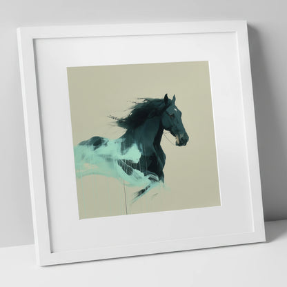 Midnight Teal Momentum horse breed art print in white frame