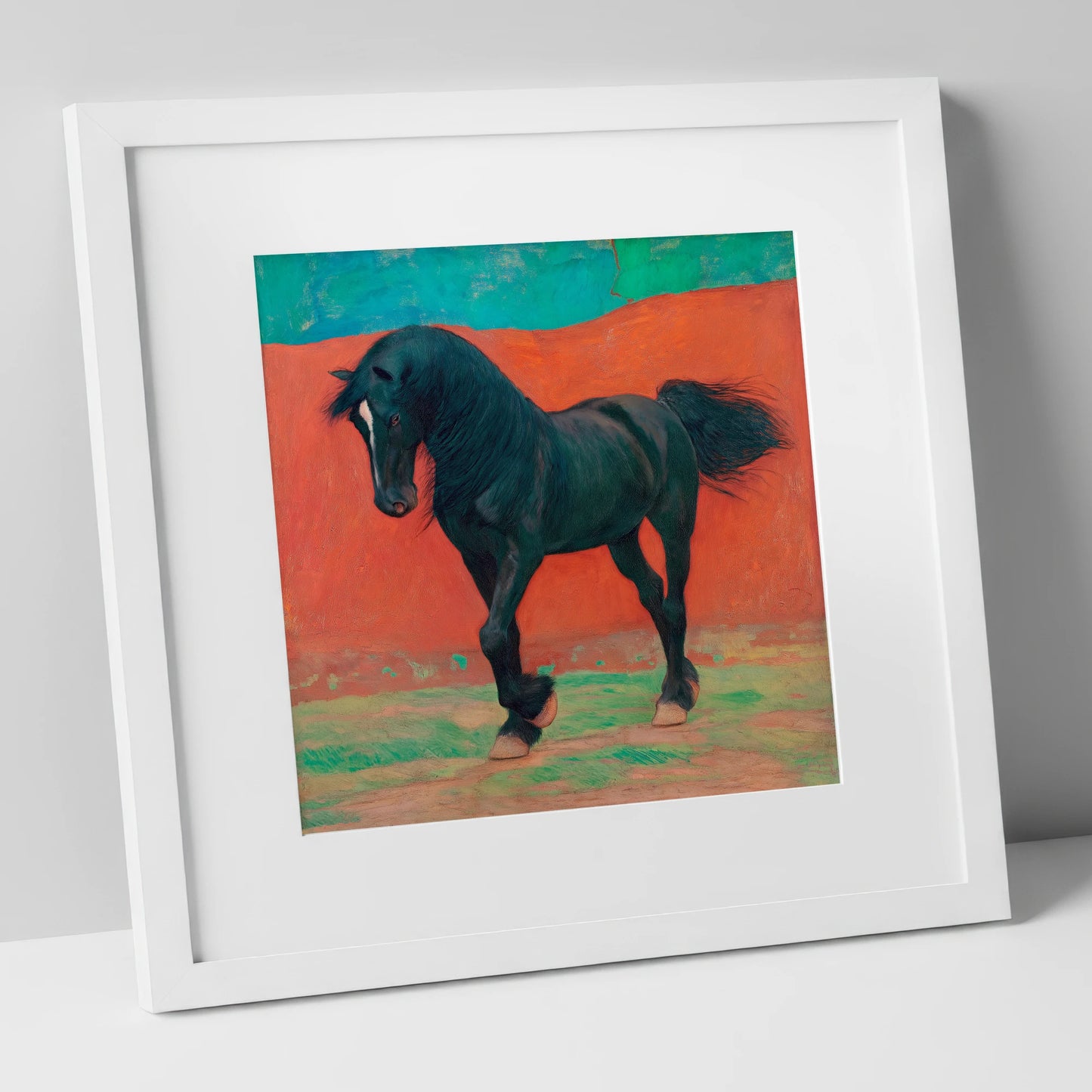 Bold Friesian Rhythm horse breed art print in white frame