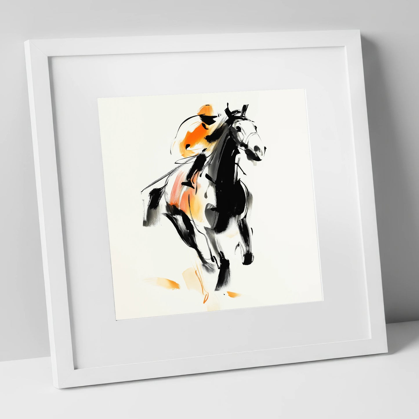 The Amber Sprint racing horse art print in white frame
