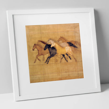 Classical Herd Study wild horses art print in white frame