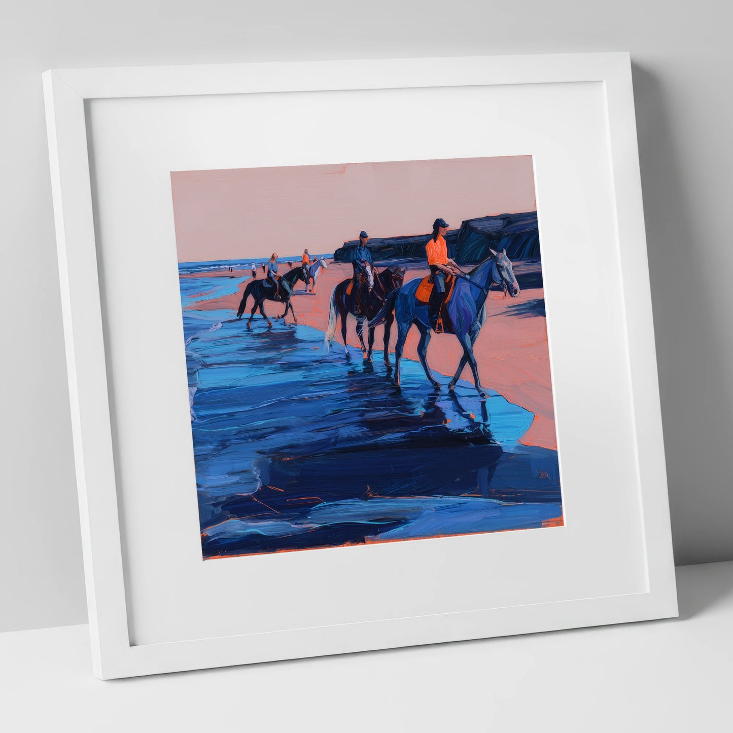 Twilight Coastal Hack horse landscape art print in white frame