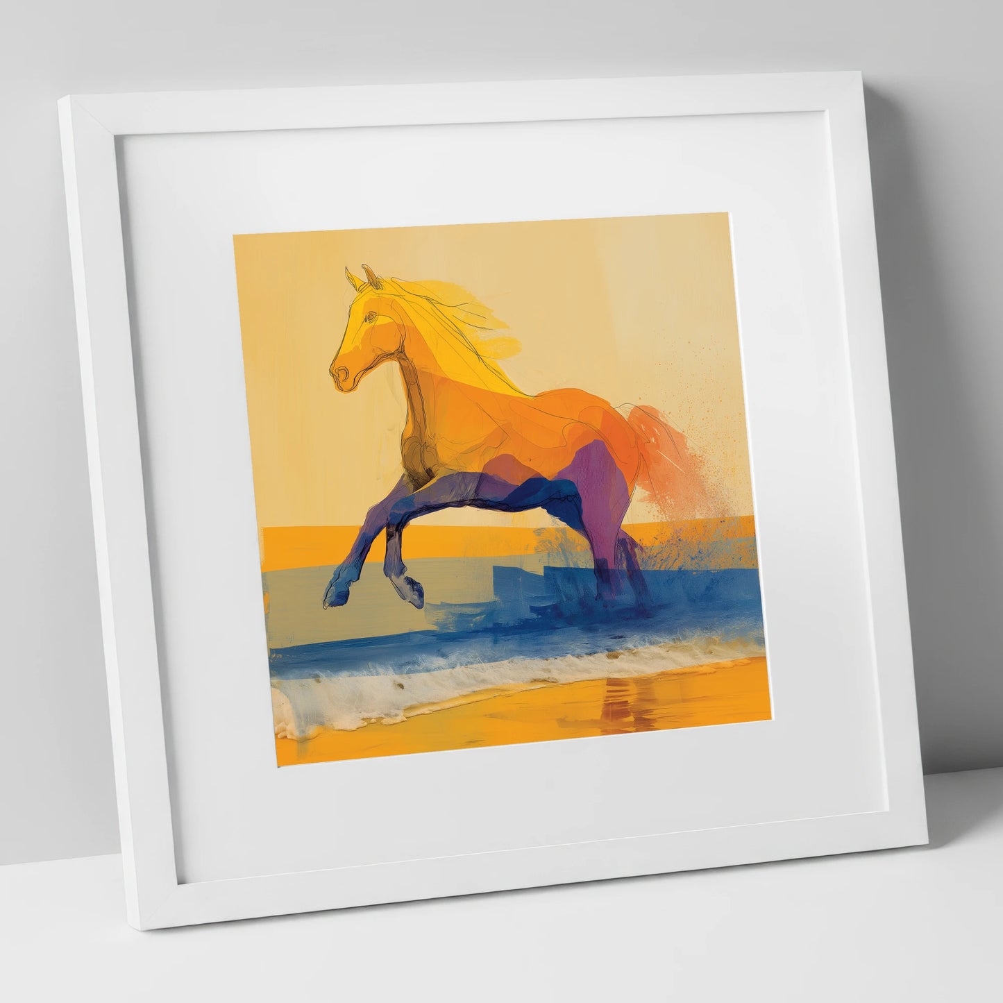 Vivid Coastal Bound beach horse art print in white frame