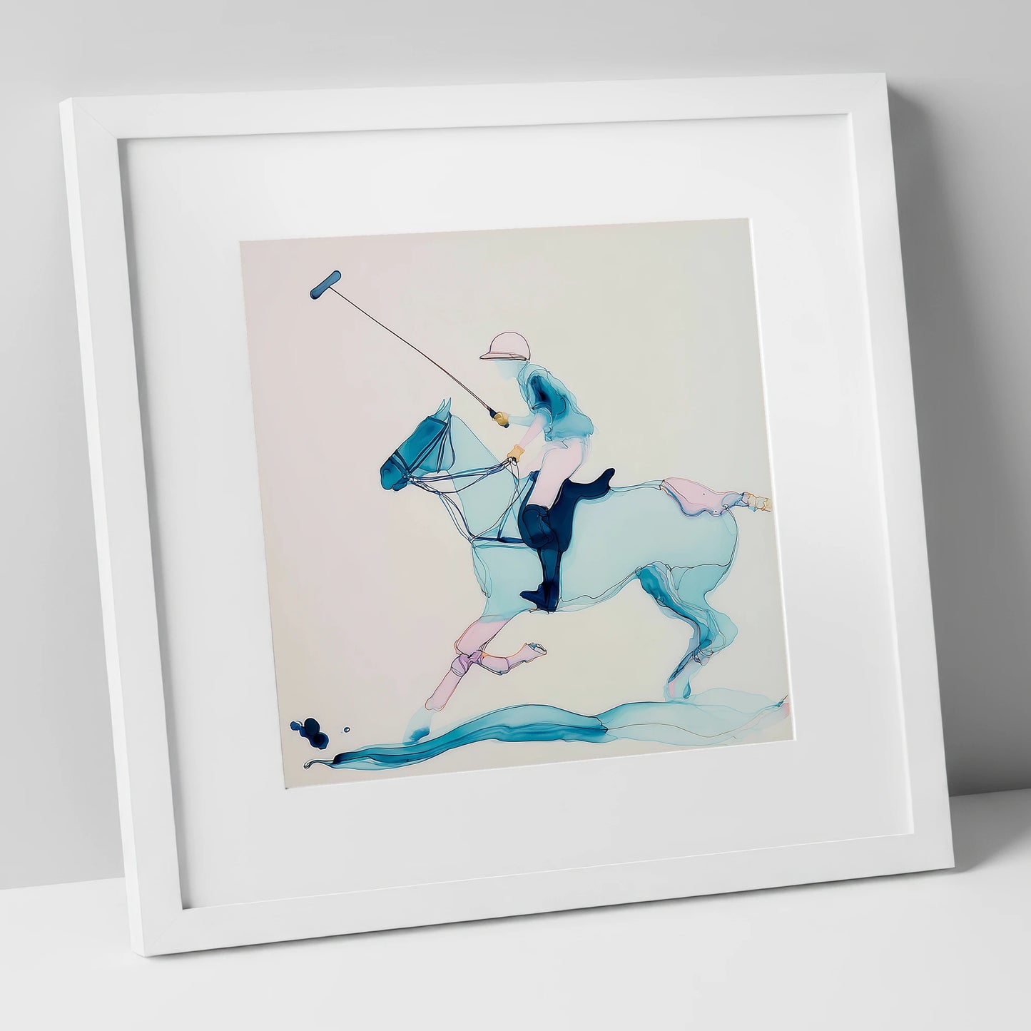 Ethereal Polo Strike polo horse art print in white frame