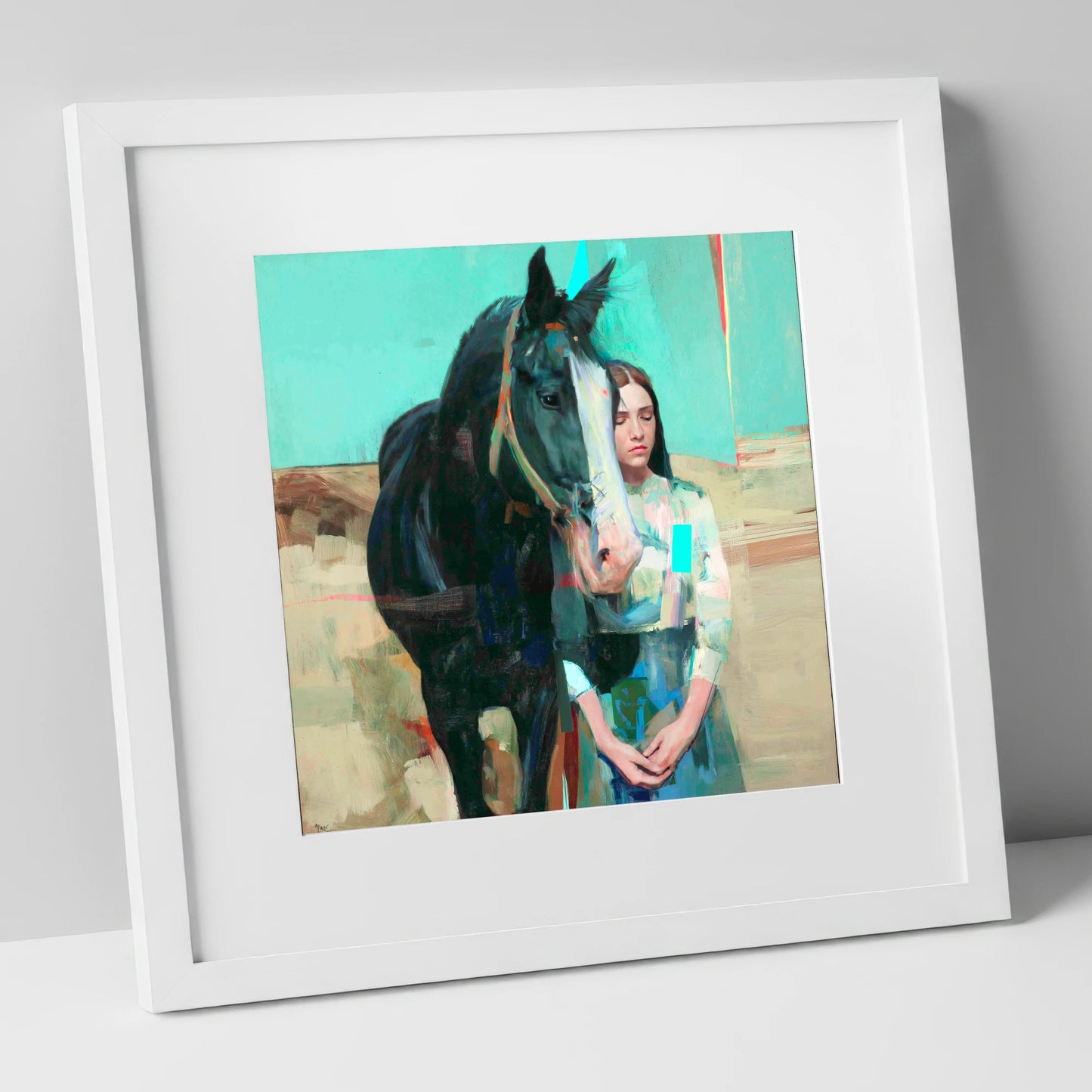The Quiet Bond horse & rider art print in white frame