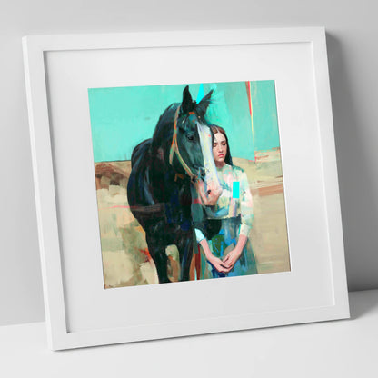 The Quiet Bond horse & rider art print in white frame