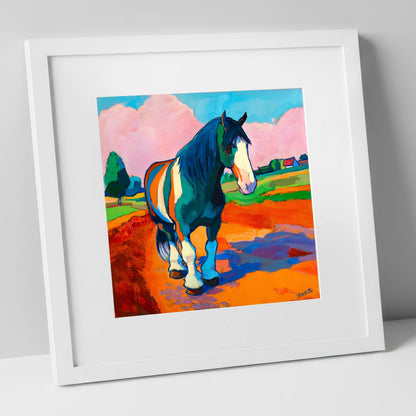 Vibrant Coloured Cob horse breed art print in white frame
