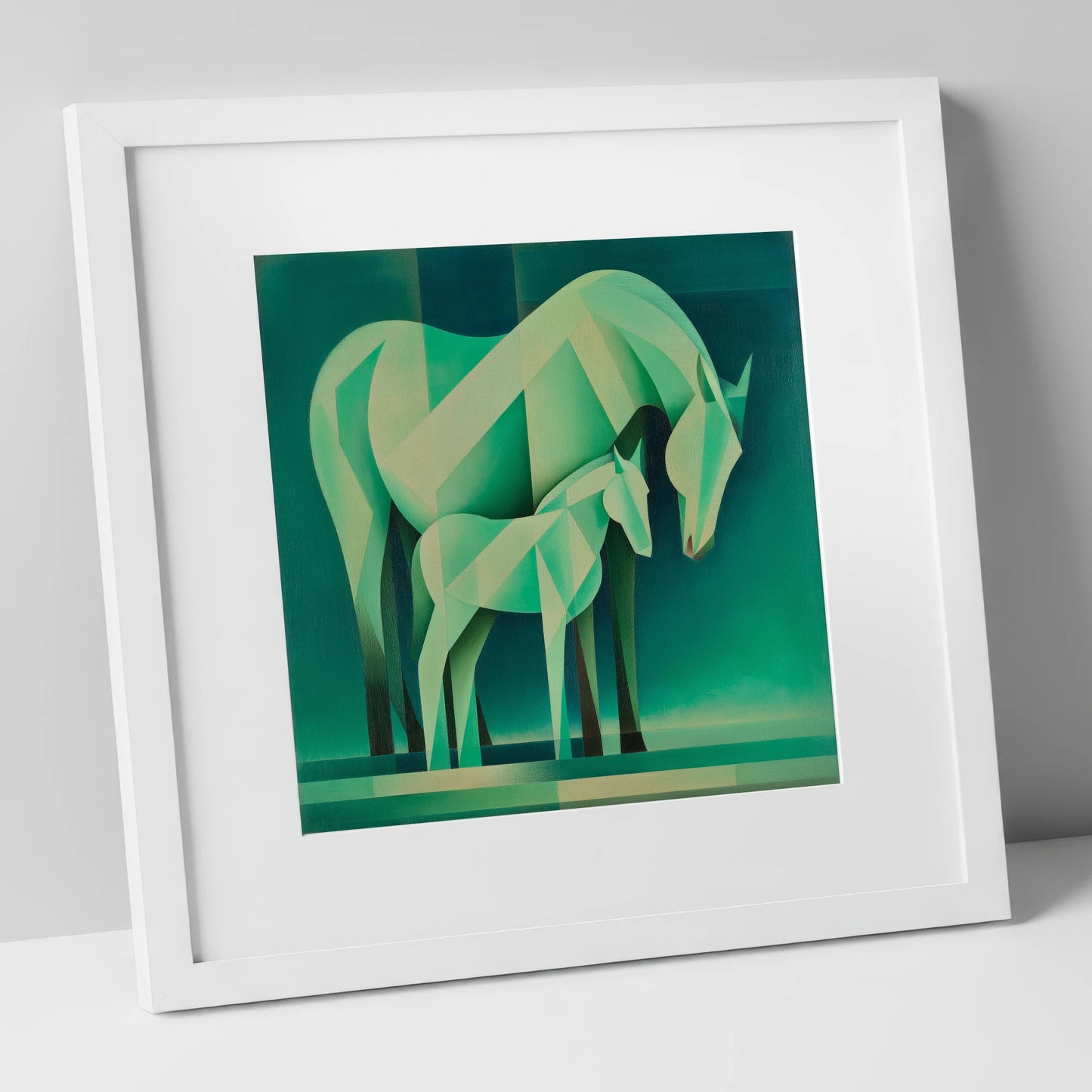 Verdant Harmony mare & foal art print in white frame