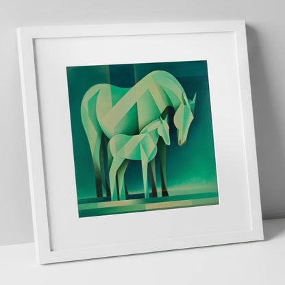 Verdant Harmony mare & foal art print in white frame