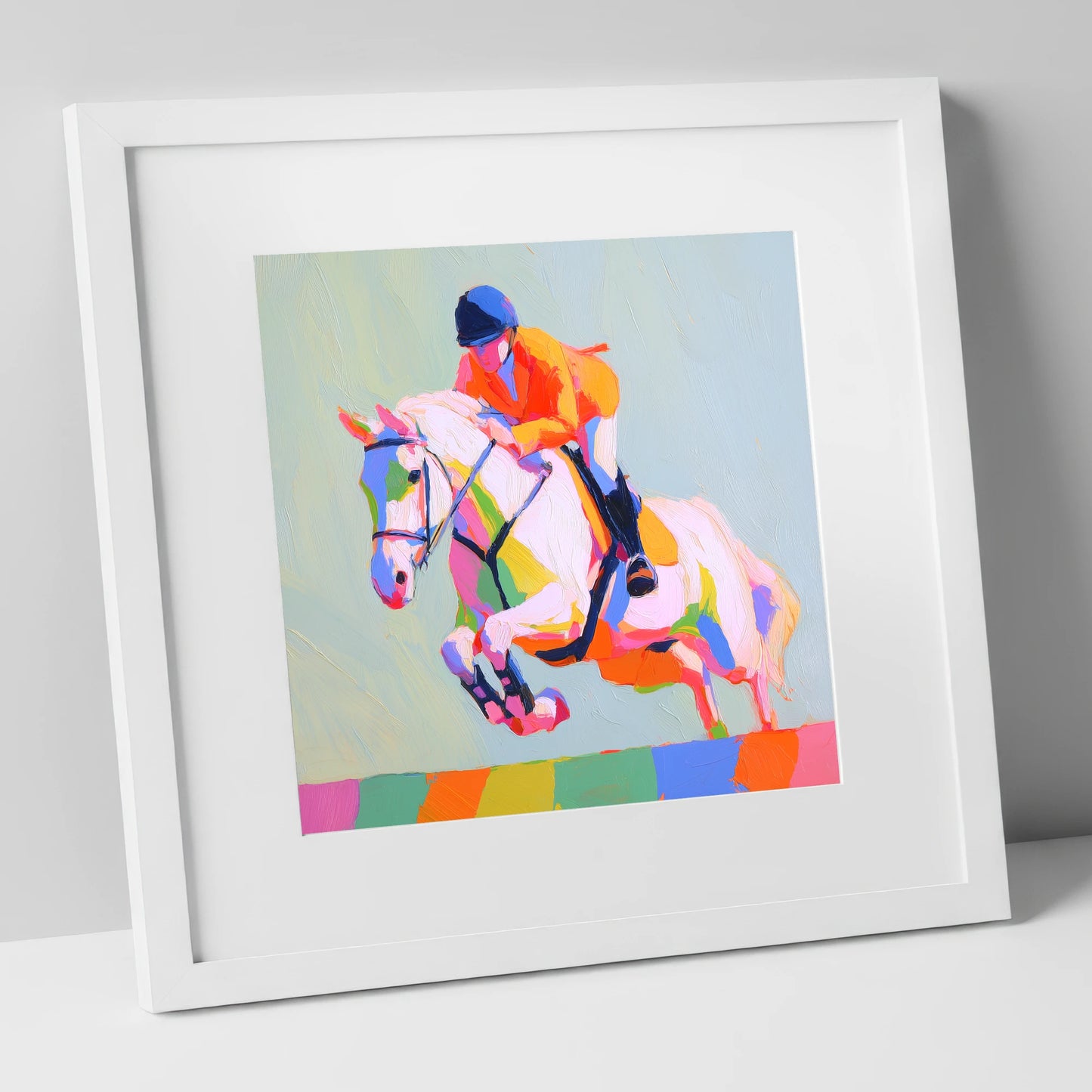 Technicolour Flight show jumping horse art print in white frame