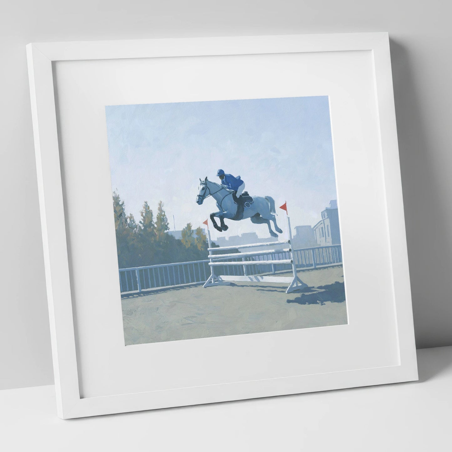 Airborne in Blue show jumping horse art print in white frame