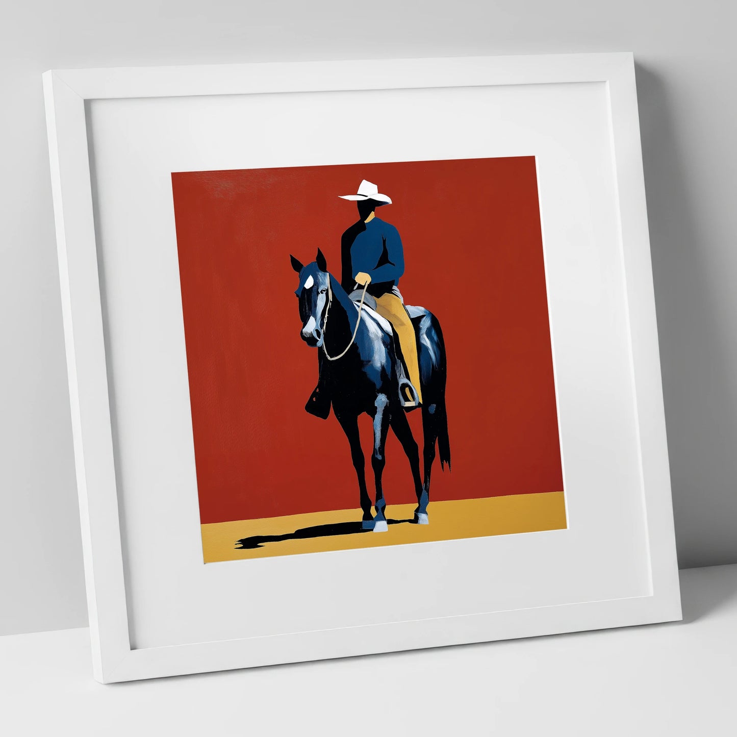 The Crimson Frontier Rider western horse art print in white frame