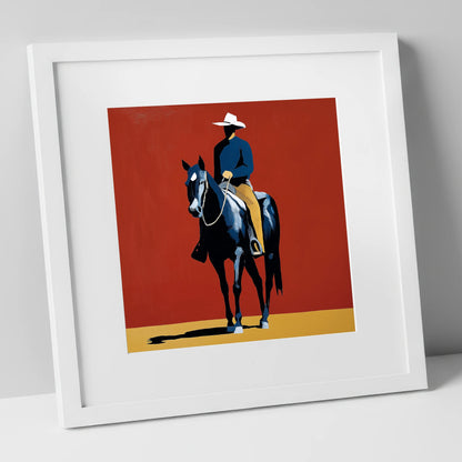 The Crimson Frontier Rider western horse art print in white frame