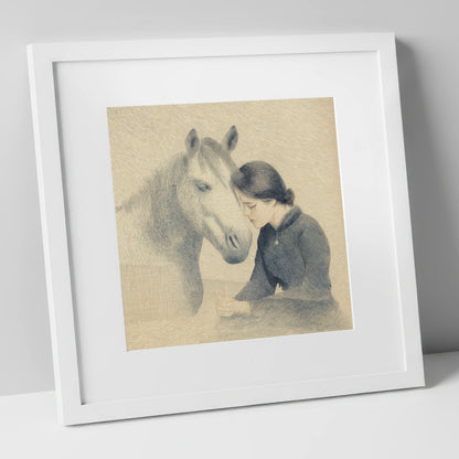 The Silent Bond horse & rider art print in white frame