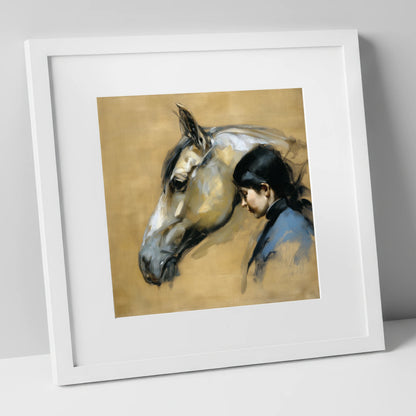 The Silent Bond horse & rider art print in white frame