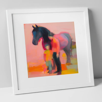 A Vibrant Bond horse & rider art print in white frame