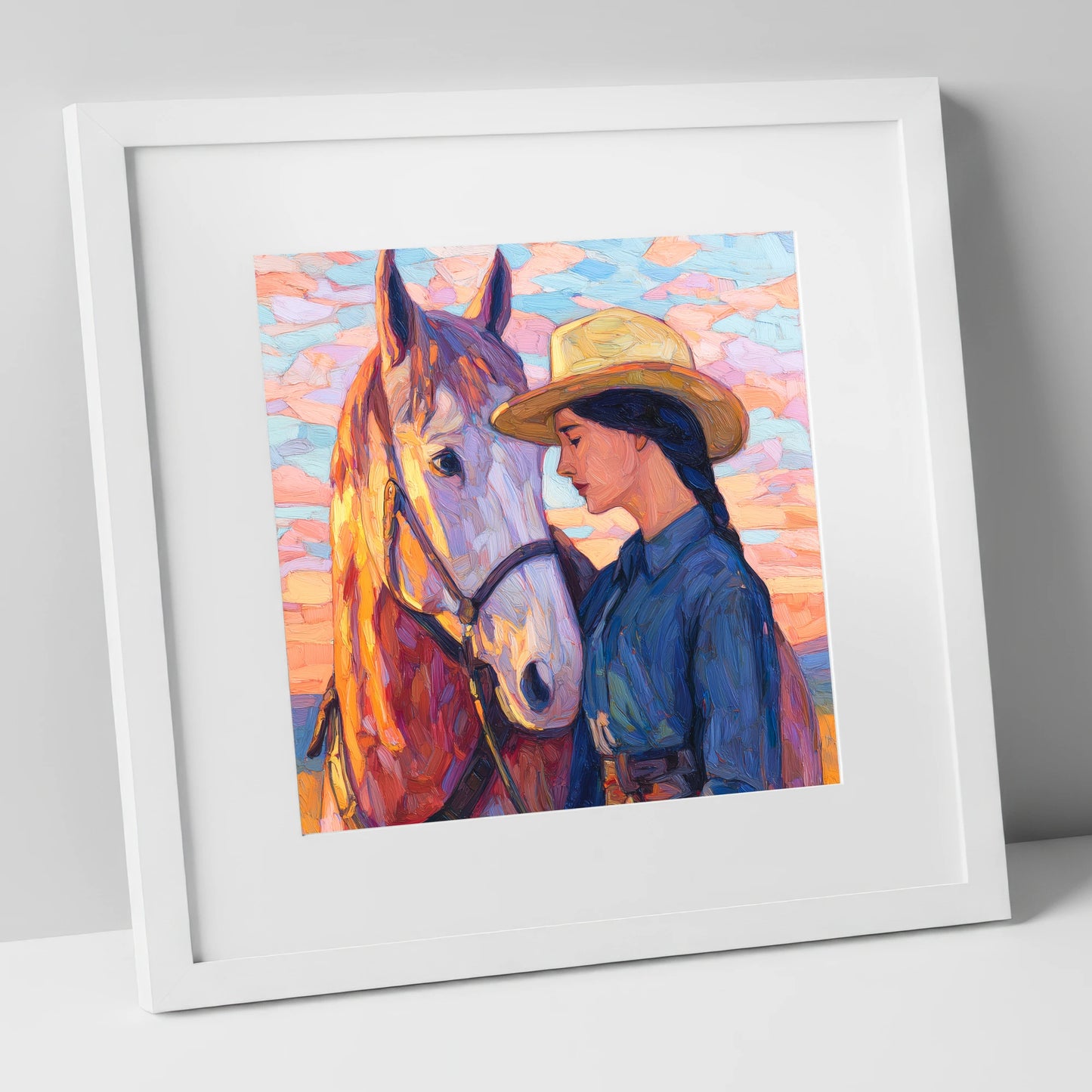 The Sundown Bond horse & rider art print in white frame