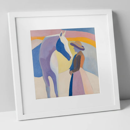 The Quiet Encounter horse & rider art print in white frame