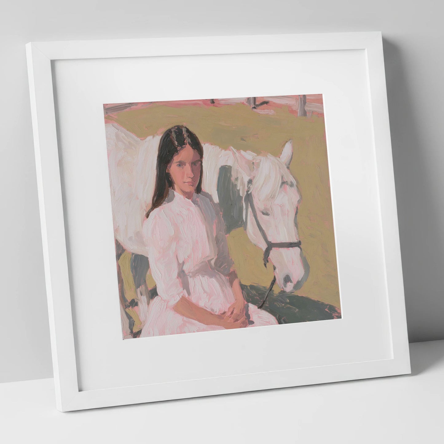 Pastel Companionship horse & rider art print in white frame