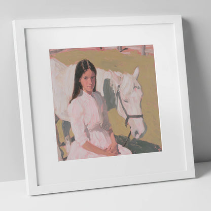 Pastel Companionship horse & rider art print in white frame