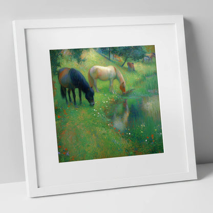 Tranquil Water Meadow horse landscape art print in white frame