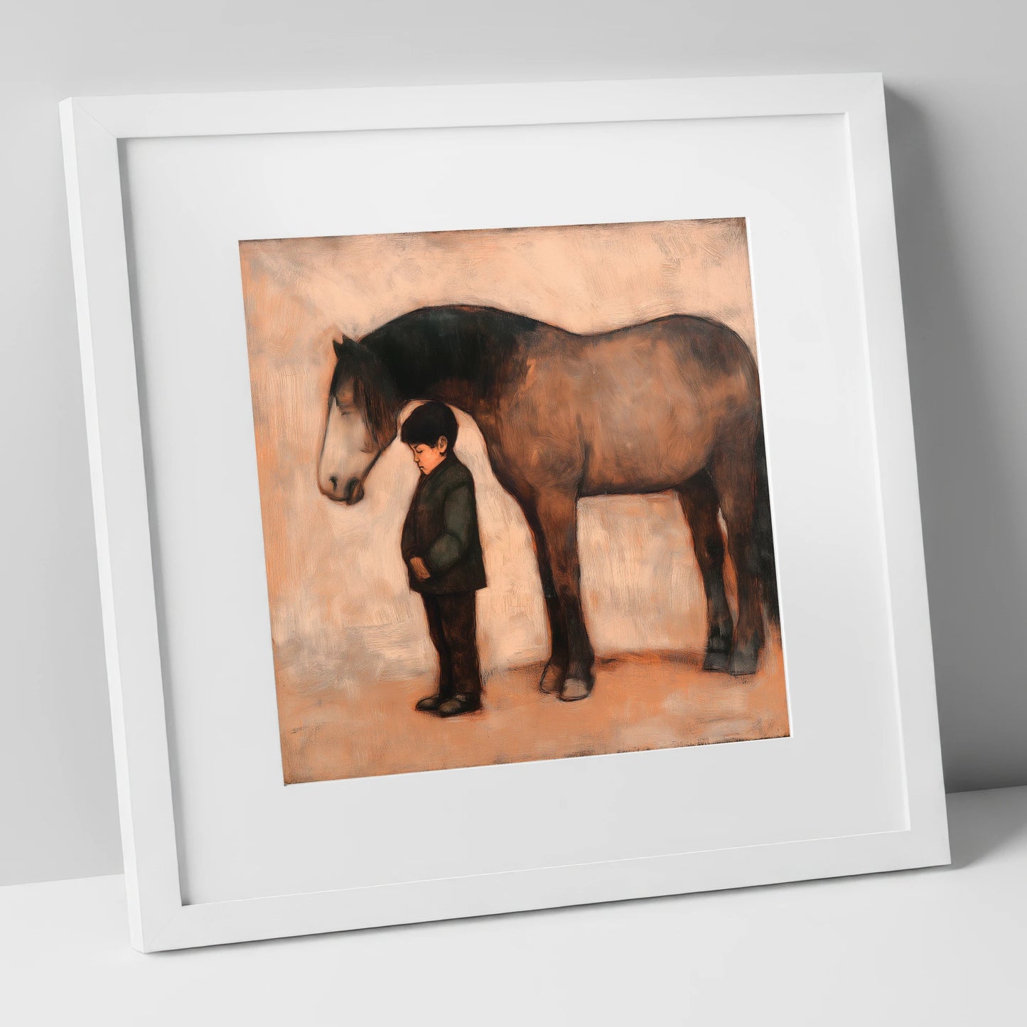A Quiet Understanding horse & rider art print in white frame