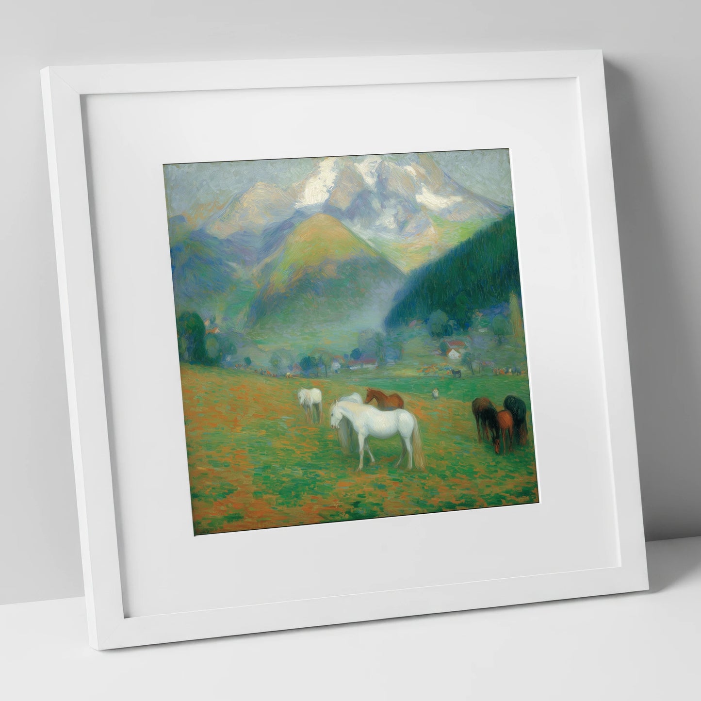 Luminous Mountain Pastures horse landscape art print in white frame