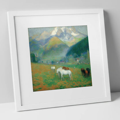 Luminous Mountain Pastures horse landscape art print in white frame