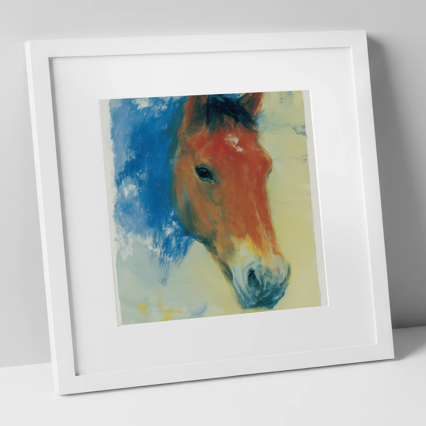 Expressive Cerulean Equine Study horse portrait art print in white frame