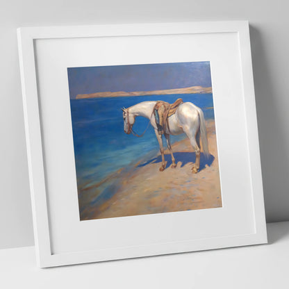 The Patient Grey horse landscape art print in white frame