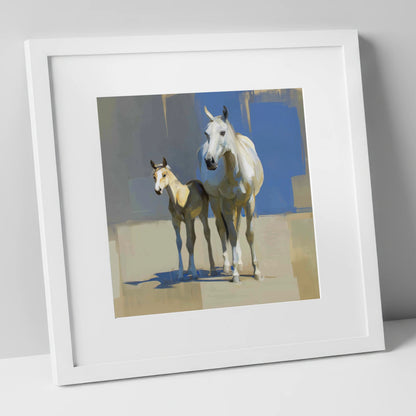 Sunlit Bonds mare & foal art print in white frame
