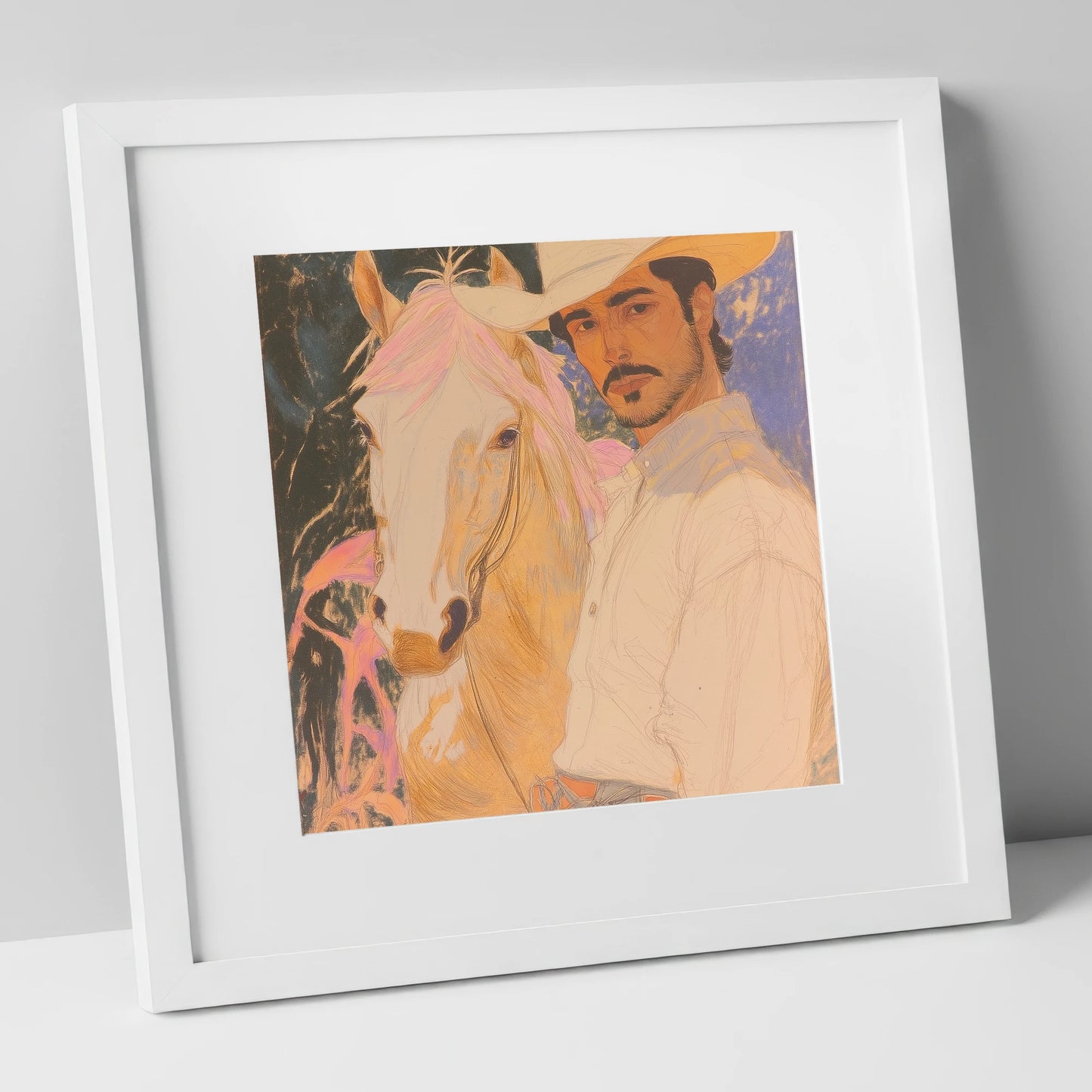 Painted Western Bond western horse art print in white frame