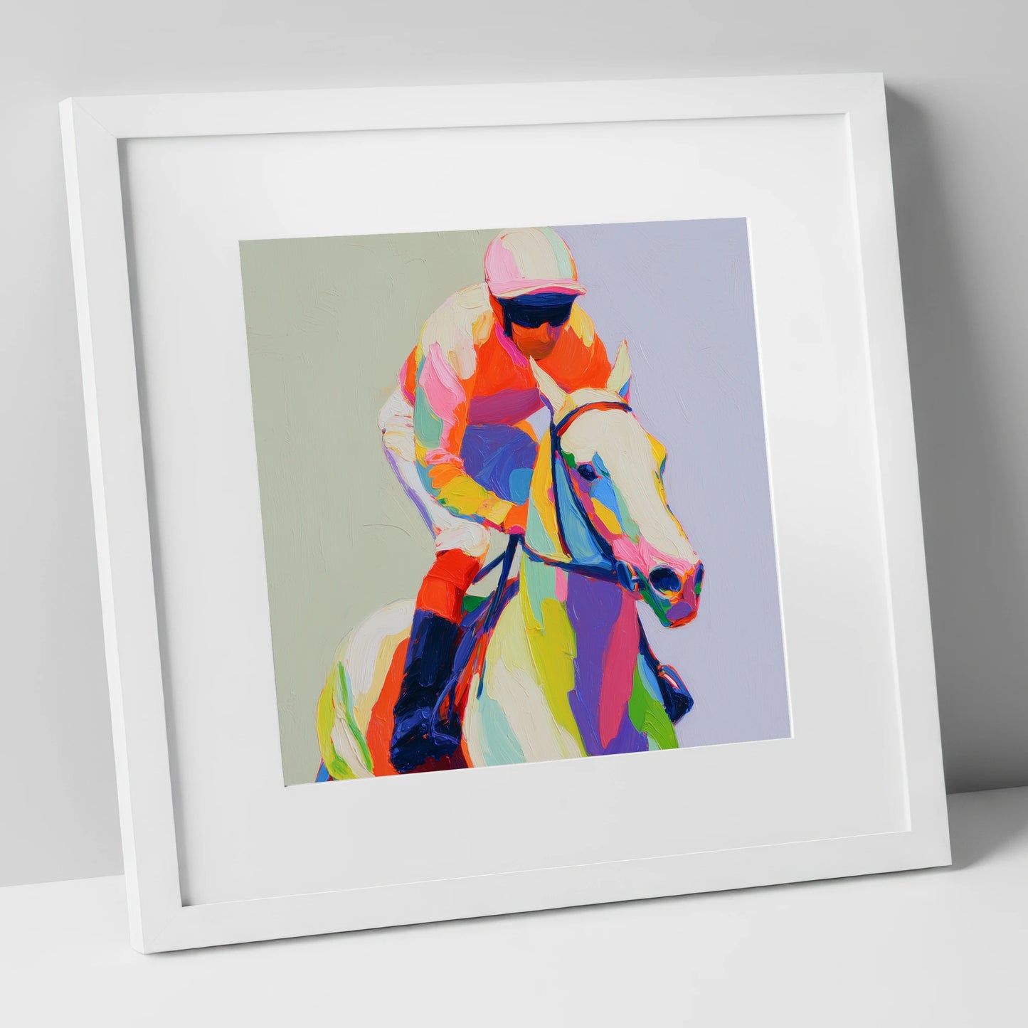 Prismatic Speed racing horse art print in white frame