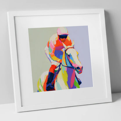 Prismatic Speed racing horse art print in white frame