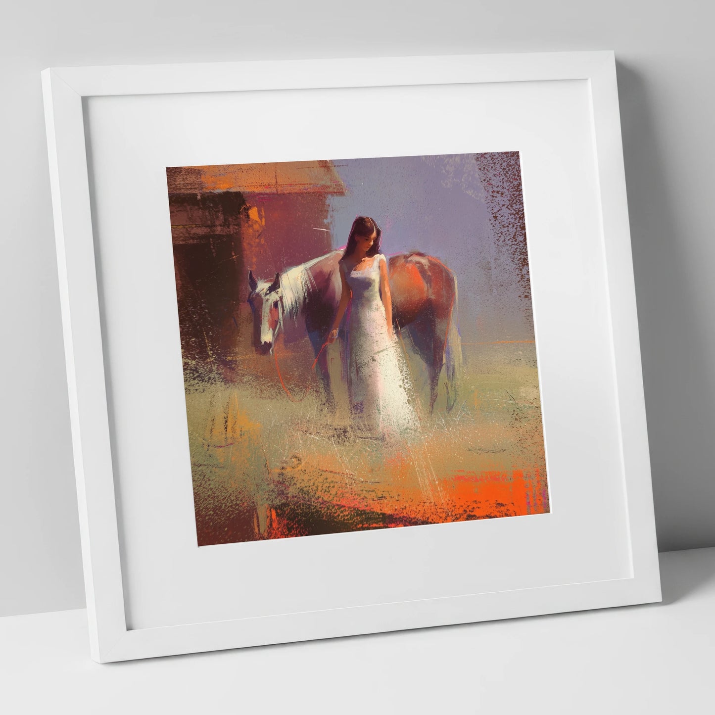 A Quiet Bond horse & rider art print in white frame