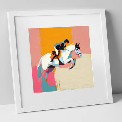 Vibrant Flight show jumping horse art print in white frame