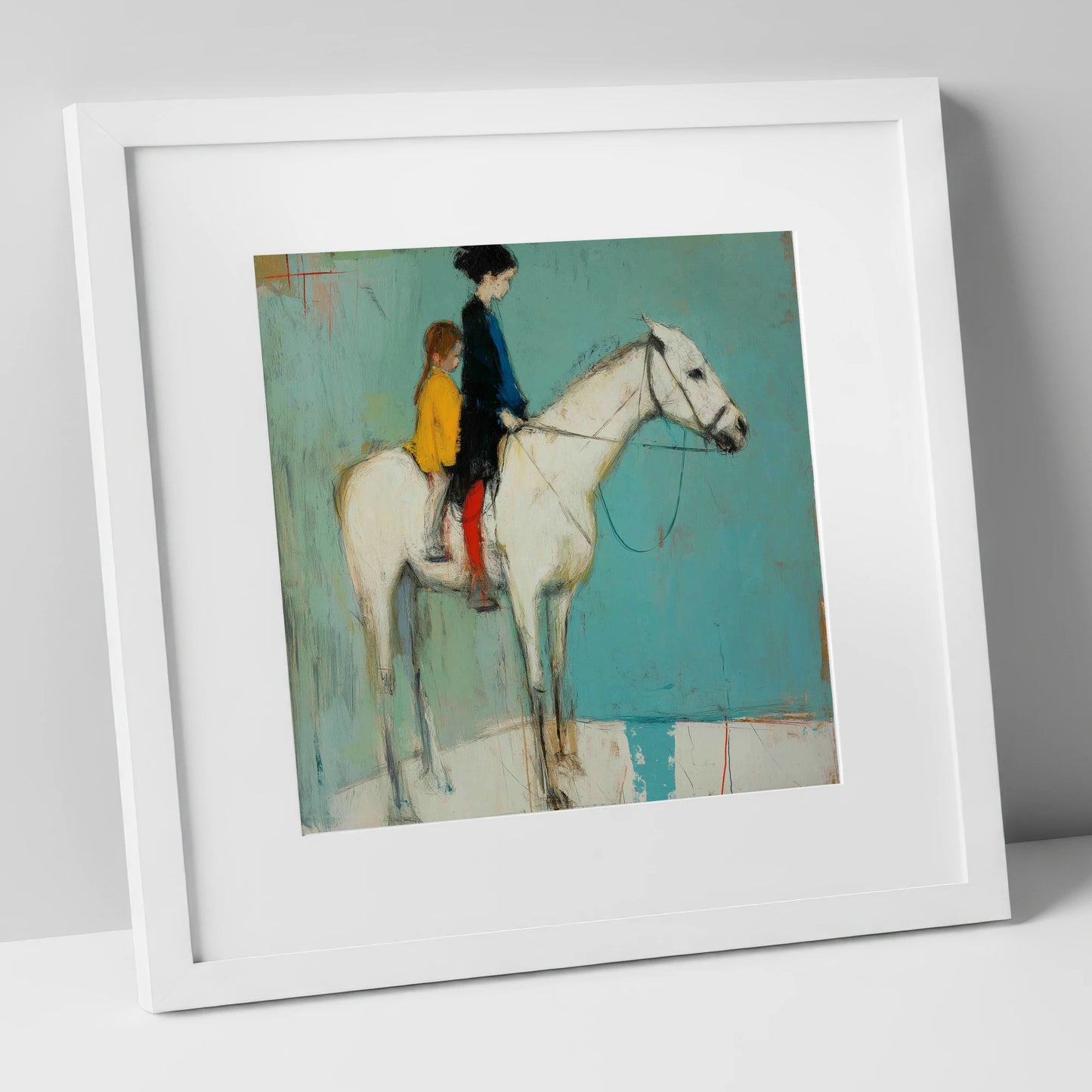 Companions in Colour horse & rider art print in white frame