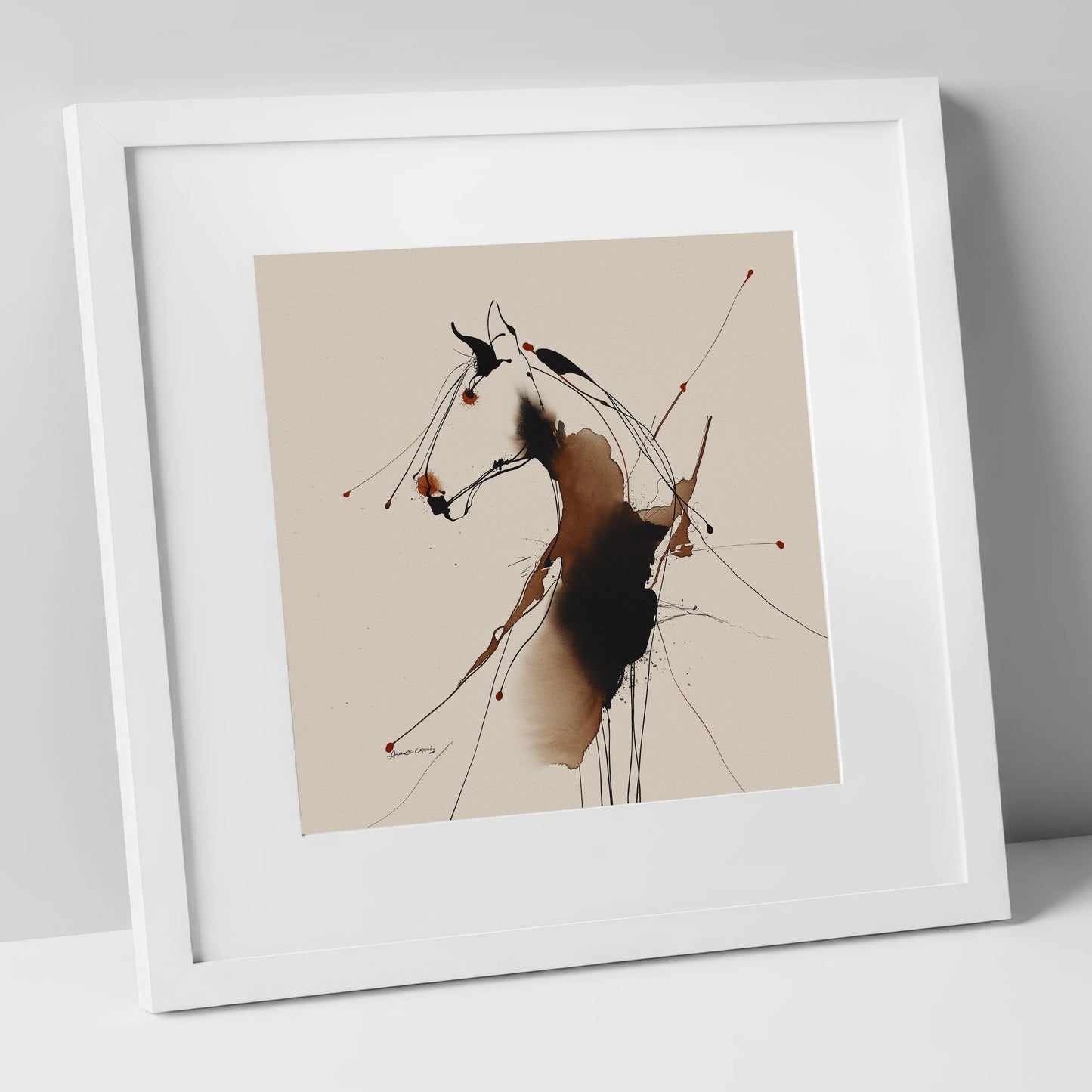 Fluid Equine Silhouette horse portrait art print in white frame
