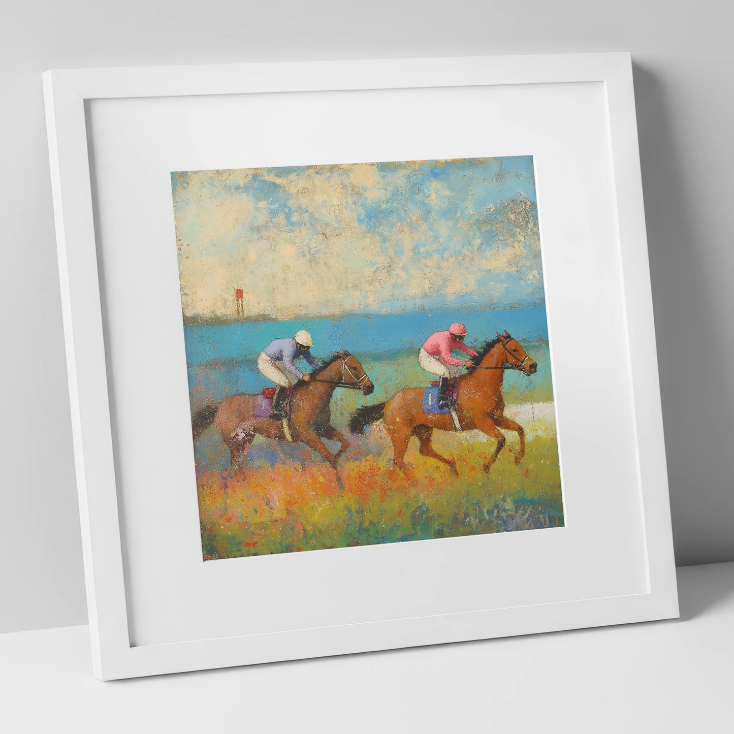 Turf and Tide racing horse art print in white frame