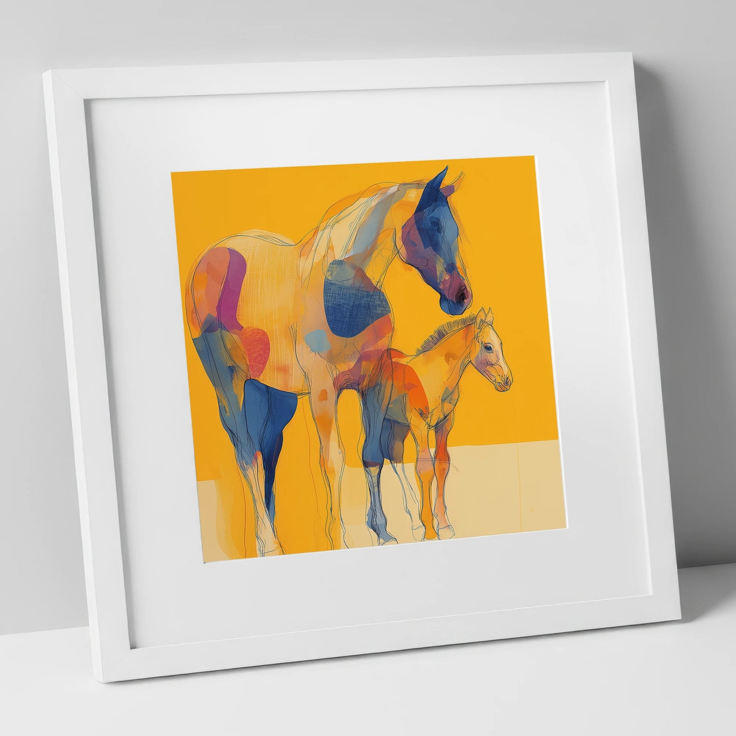 Golden Horizon Connections mare & foal art print in white frame