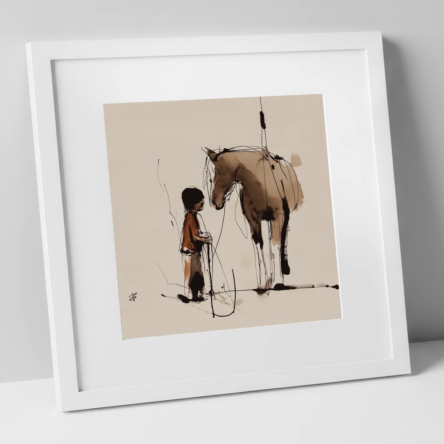 The Silent Bond horse & rider art print in white frame