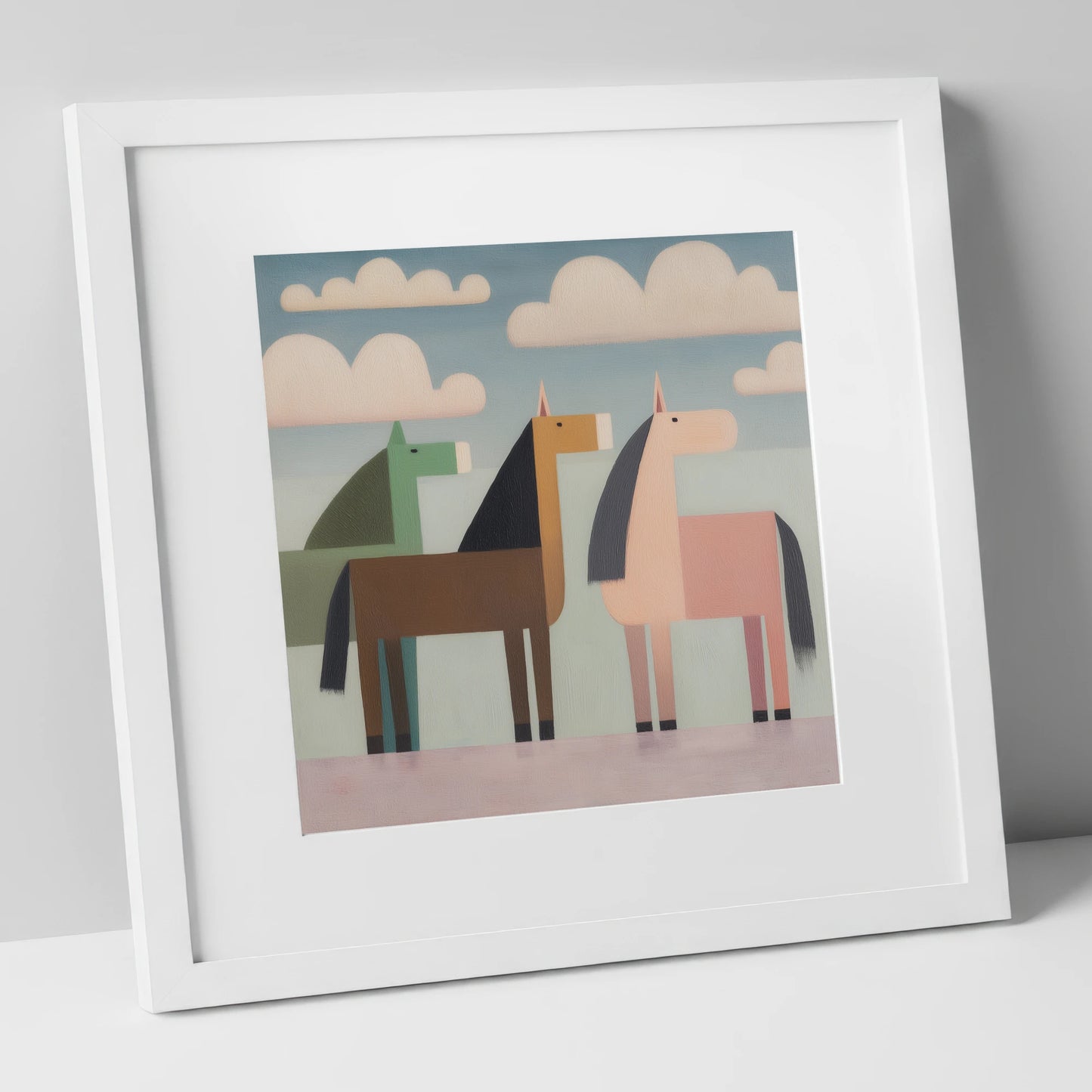 Serene Stylised Herd horse landscape art print in white frame