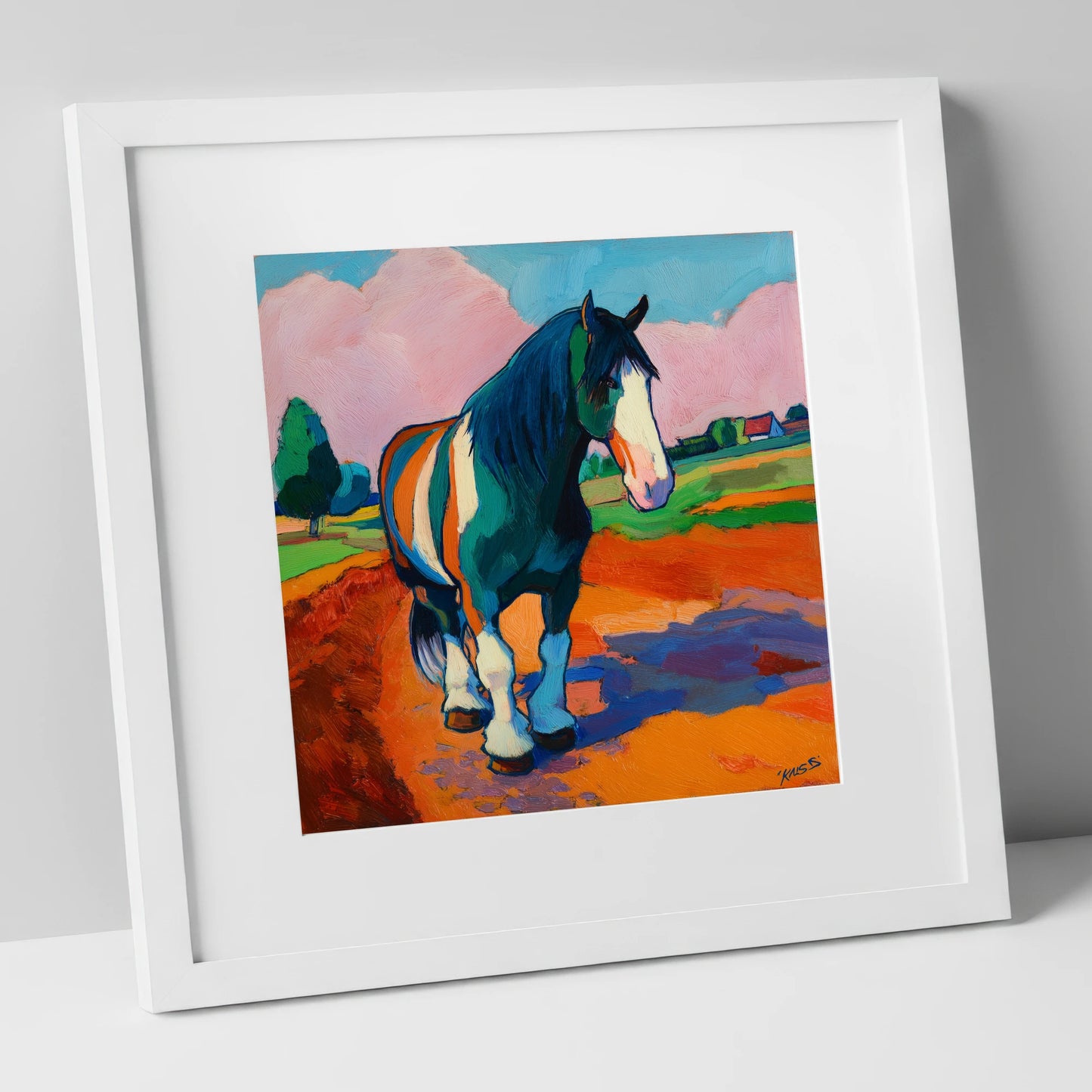 Vibrant Coloured Cob horse breed art print in white frame