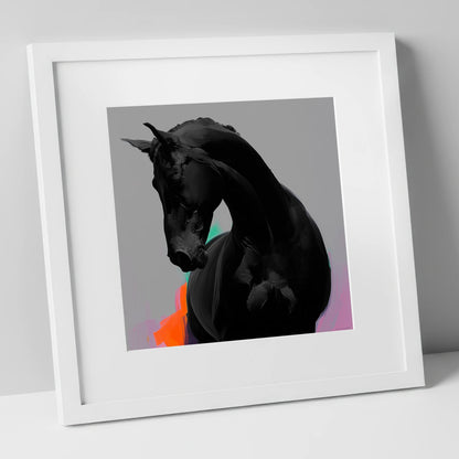 Sculpted Obsidian horse breed art print in white frame