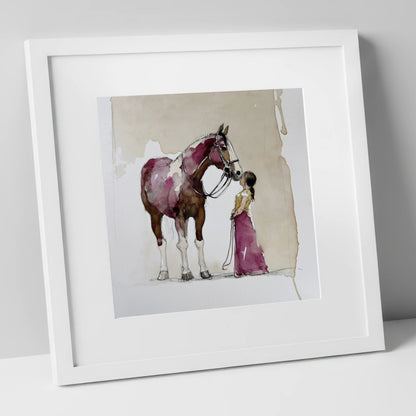 A Gentle Greeting horse & rider art print in white frame