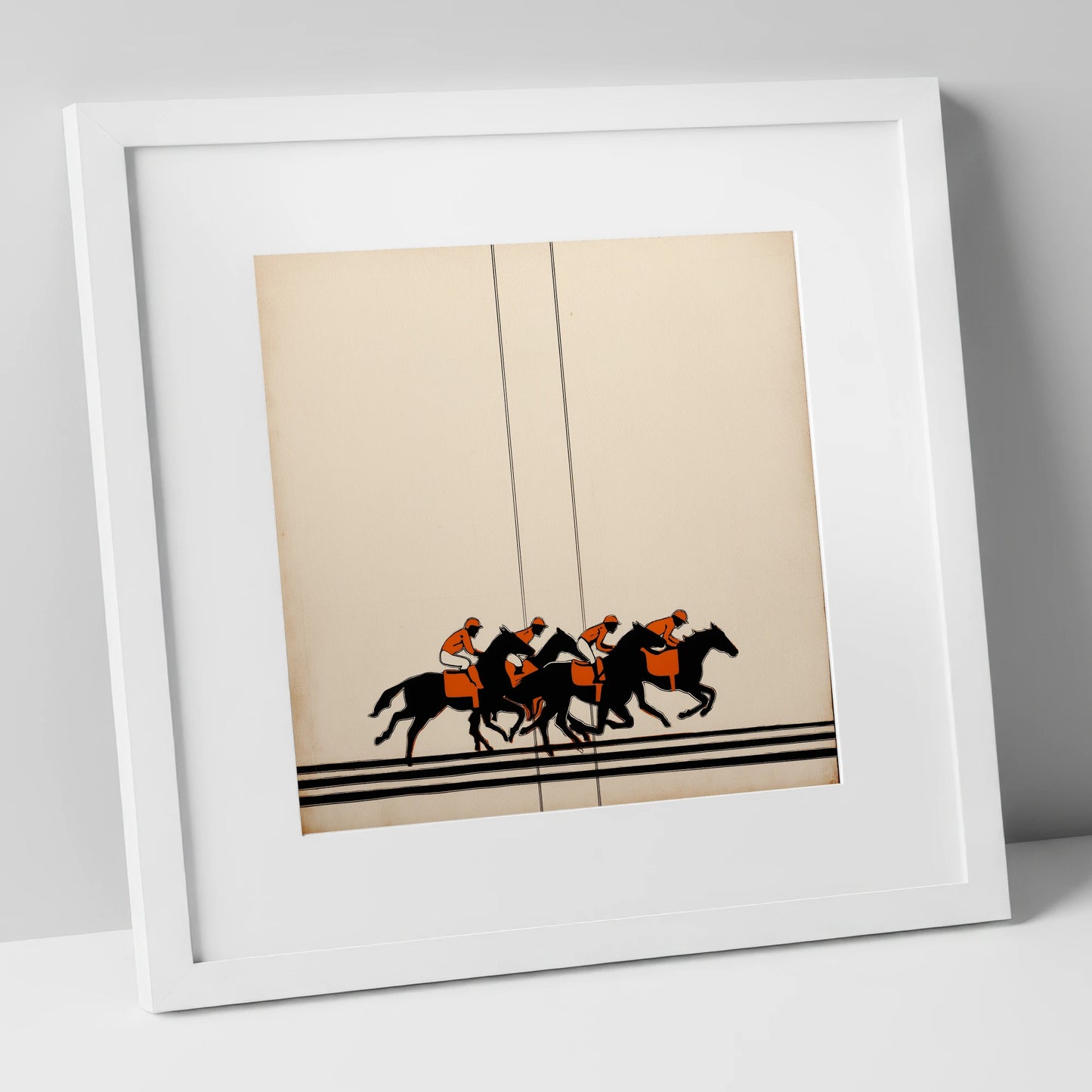 The Orange Silks racing horse art print in white frame