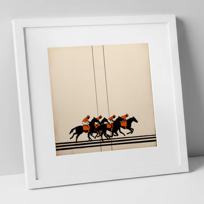 The Orange Silks racing horse art print in white frame