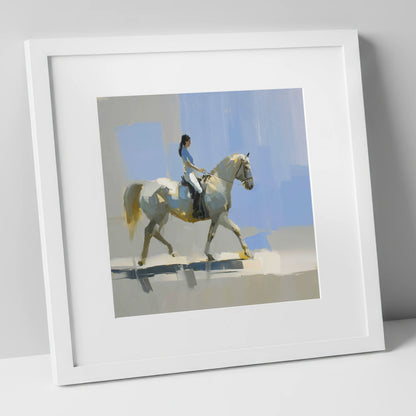 The Sunlit Grey dressage horse art print in white frame