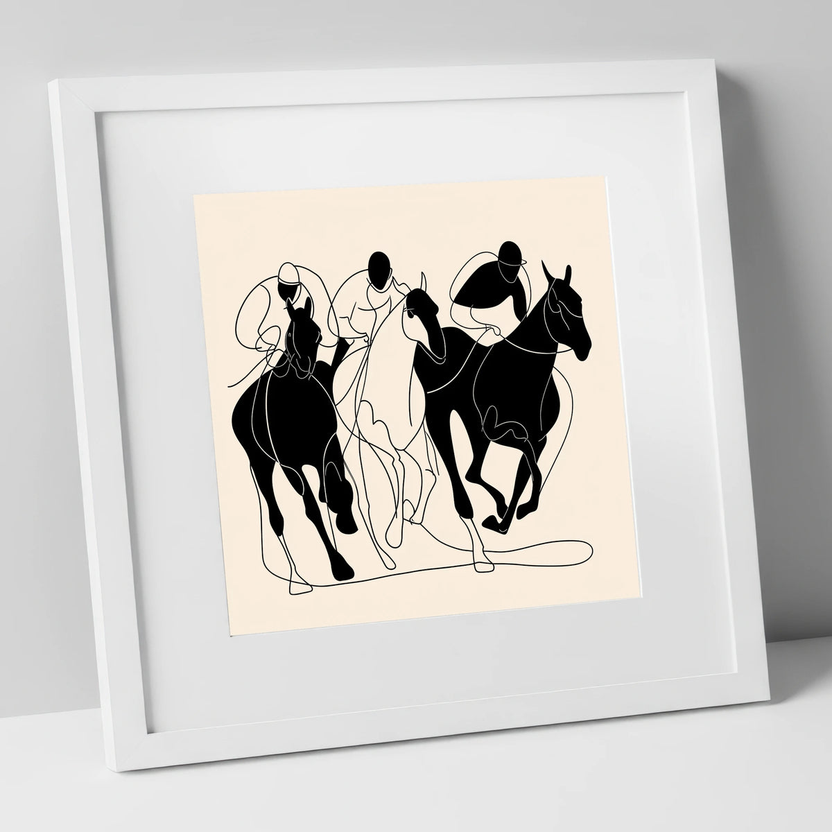 The Racing Line racing horse art print in white frame