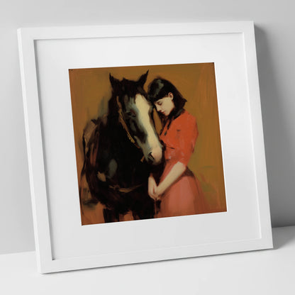 The Quiet Connection horse & rider art print in white frame